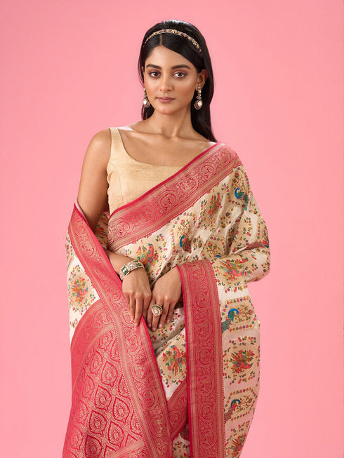 Mohey Dazzling Cream Banarasi Saree Ensemble