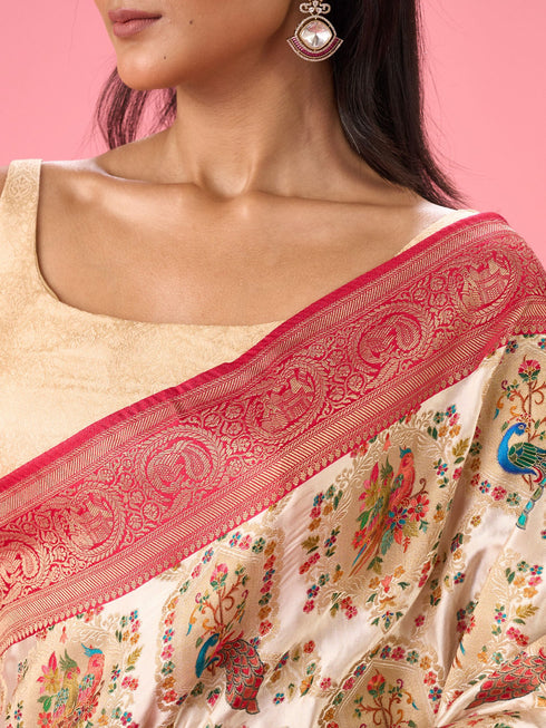 Mohey Dazzling Cream Banarasi Saree Ensemble