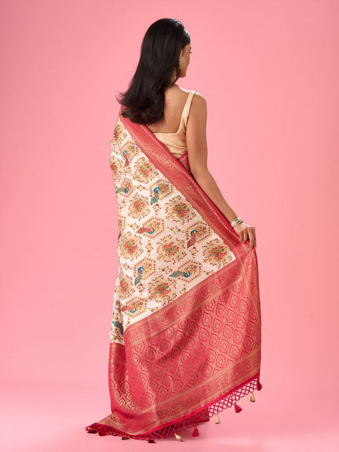 Mohey Dazzling Cream Banarasi Saree Ensemble