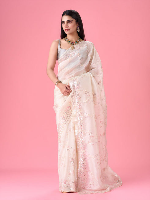 Mohey Cream Elegance Organza Saree