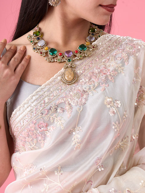 Mohey Cream Elegance Organza Saree