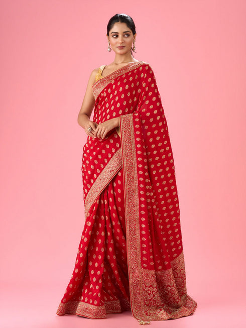 Mohey Ravishing Red Georgette Bridal Saree