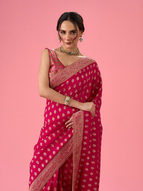 Mohey Lush Georgette Rani Pink Saree