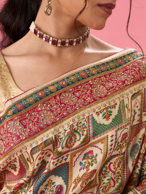 Mohey Cream Banarasi Saree