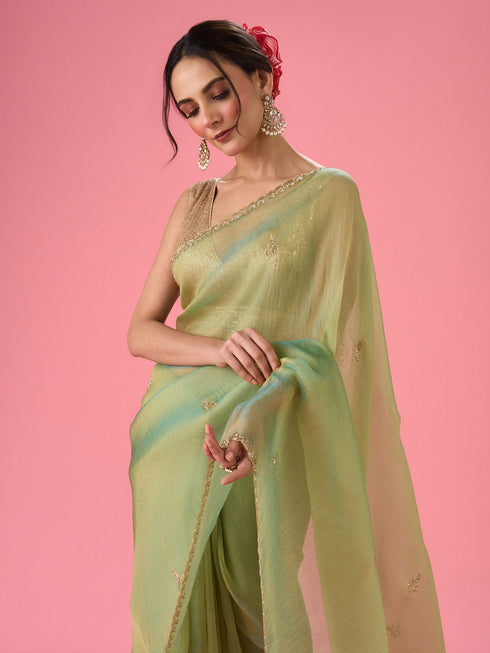 Mohey Sea Green Organza Splendour Saree