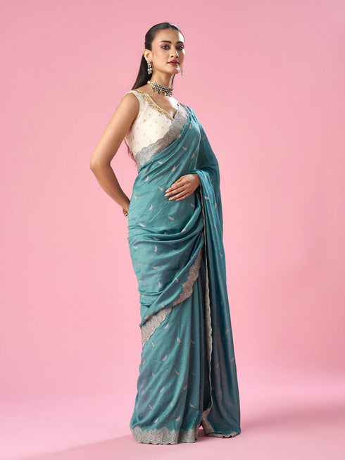 Mohey Sea Green Silk Saree with Stone Work