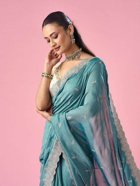 Mohey Sea Green Silk Saree with Stone Work