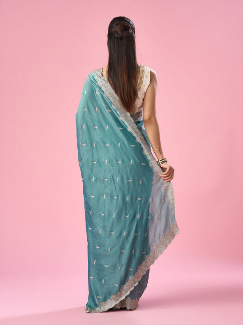 Mohey Sea Green Silk Saree with Stone Work