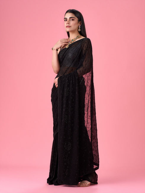 Mohey Elegant Black Georgette Saree