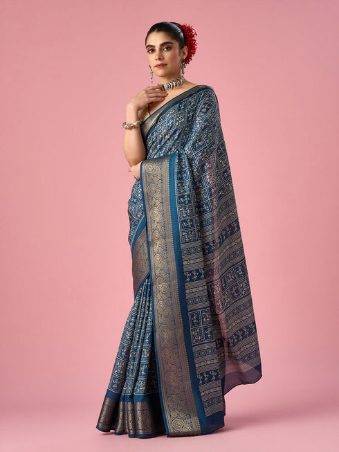 Mohey Indigo Blue Silk Saree with Gold Print
