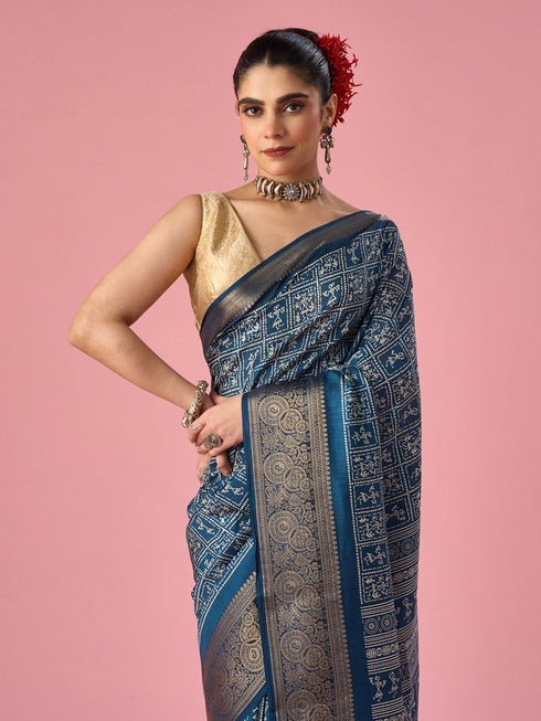 Mohey Indigo Blue Silk Saree with Gold Print