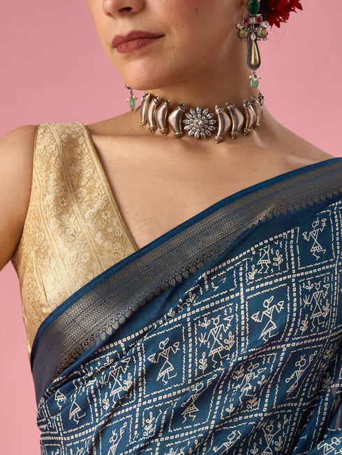 Mohey Indigo Blue Silk Saree with Gold Print