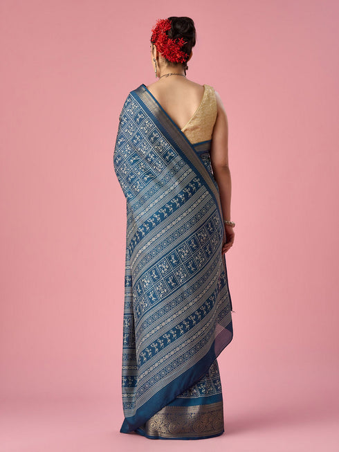 Mohey Indigo Blue Silk Saree with Gold Print