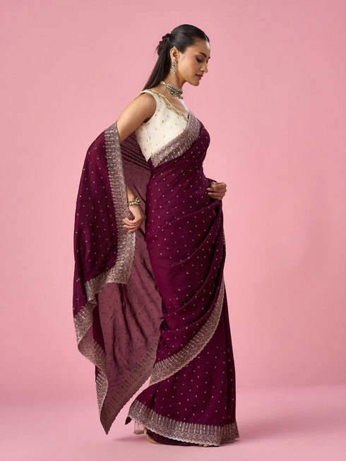 Mohey Wine Chinon Saree with Stone Work