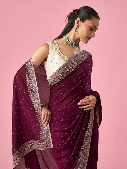 Mohey Wine Chinon Saree with Stone Work