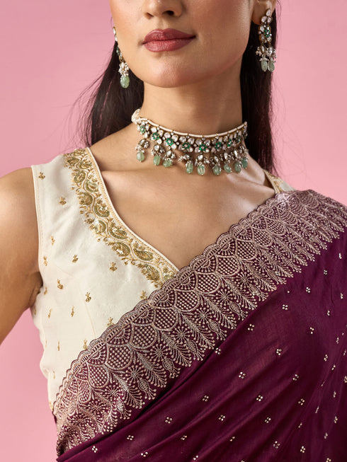 Mohey Wine Chinon Saree with Stone Work