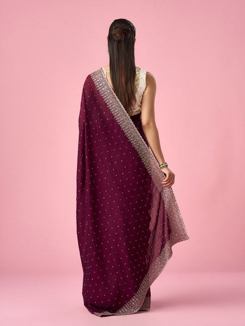 Mohey Wine Chinon Saree with Stone Work