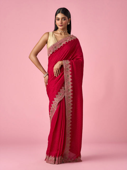 Mohey Pink Chinon Saree with Stone Work