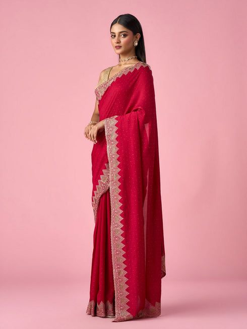 Mohey Pink Chinon Saree with Stone Work