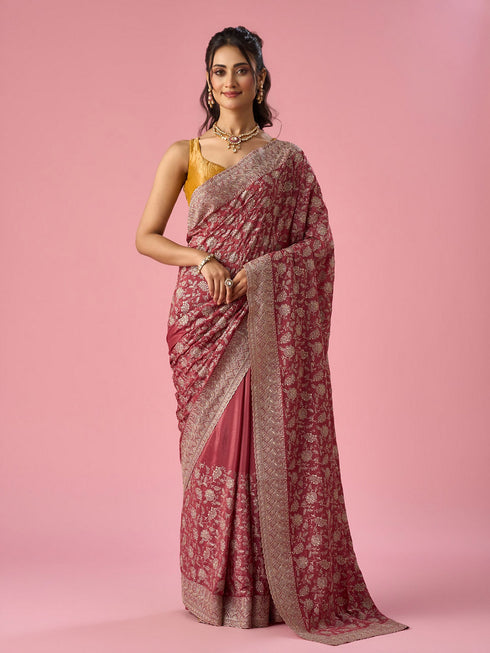 Mohey Pink Chinon Saree with Stone Work