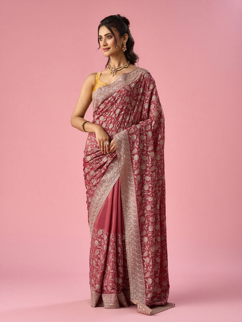Mohey Pink Chinon Saree with Stone Work