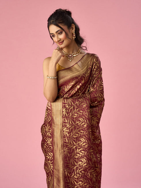 Mohey Wine Silk Banarasi Saree with Weave Design