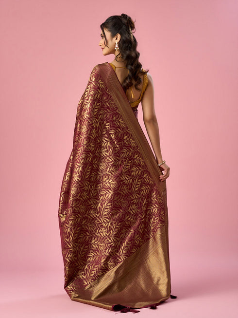 Mohey Wine Silk Banarasi Saree with Weave Design