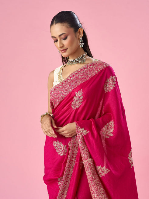 Mohey Pink Silk Saree with Stone Work