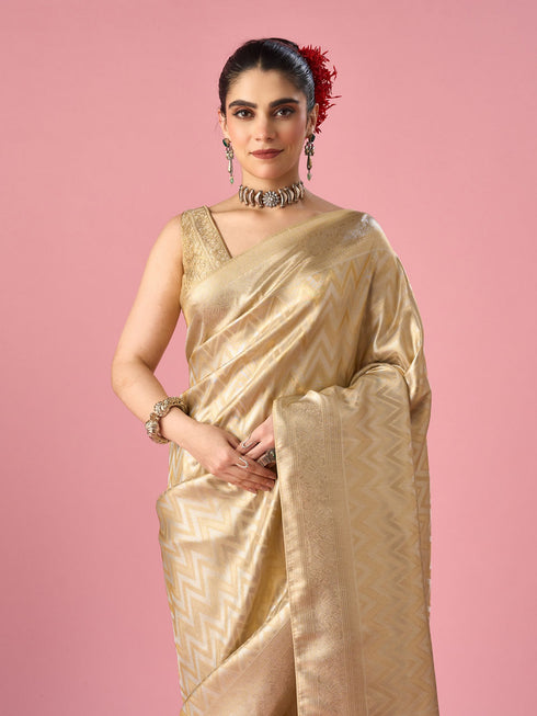 Mohey Cream Silk Banarasi Saree with Weave