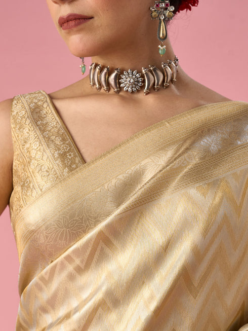 Mohey Cream Silk Banarasi Saree with Weave