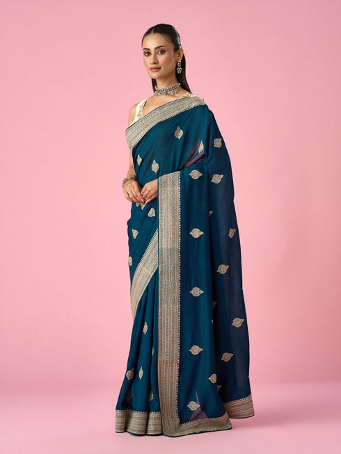 Mohey Blue Silk Saree with Zari Work