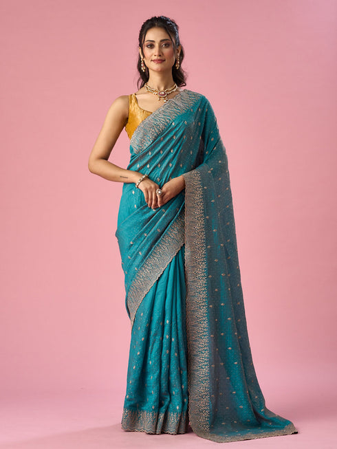 Mohey Green Silk Saree with Stone Work