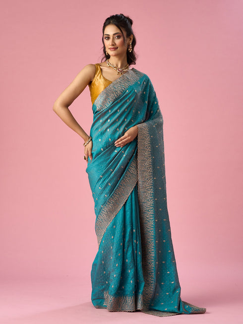 Mohey Green Silk Saree with Stone Work