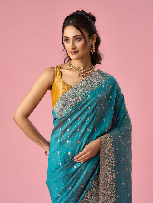 Mohey Green Silk Saree with Stone Work