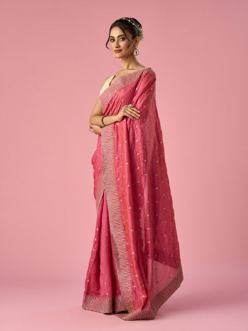 Mohey Pink Silk Saree with Stone Work