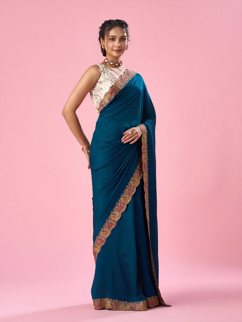 Mohey Blue Silk Saree with Zari Work