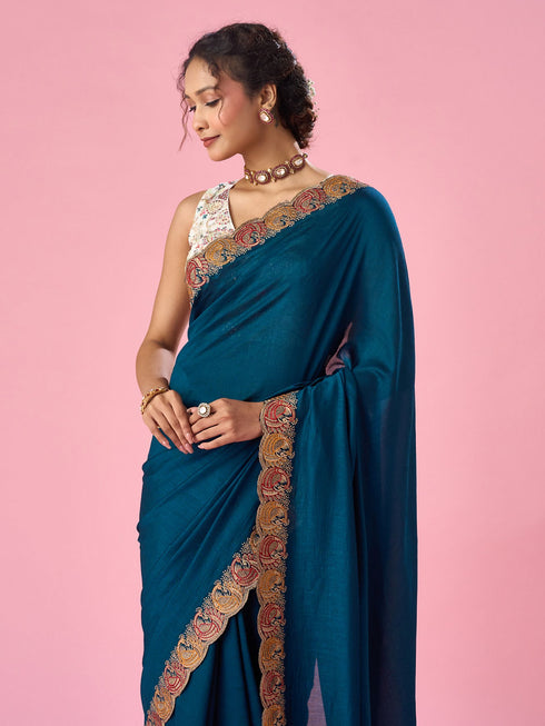 Mohey Blue Silk Saree with Zari Work