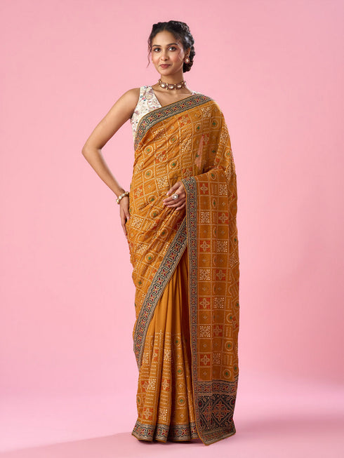 Mohey Mustard Yellow Silk Saree with Stone Work