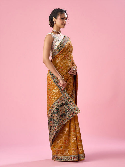 Mohey Mustard Yellow Silk Saree with Stone Work