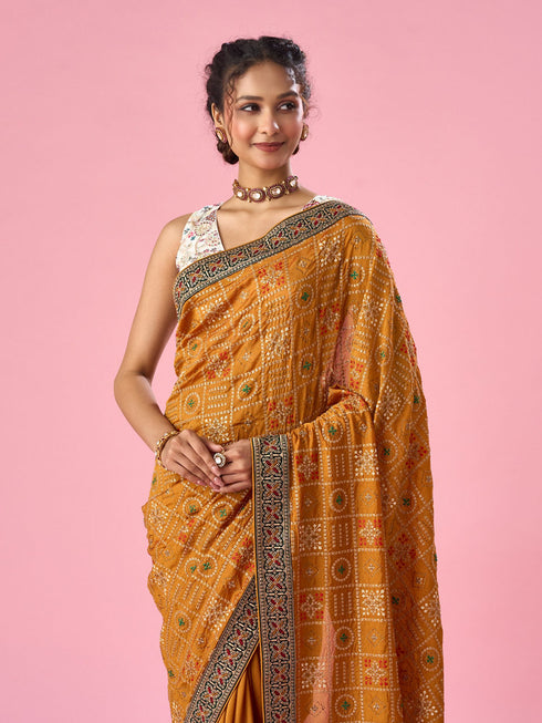 Mohey Mustard Yellow Silk Saree with Stone Work