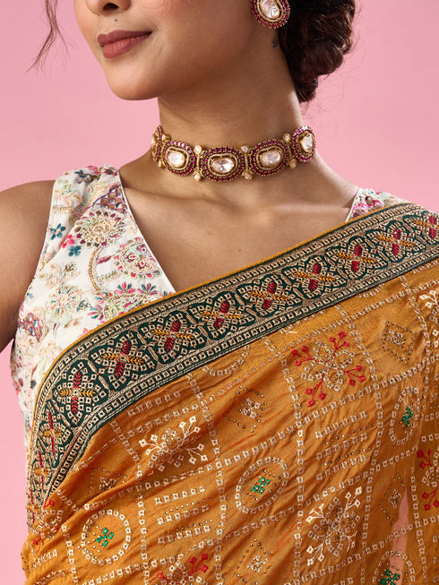 Mohey Mustard Yellow Silk Saree with Stone Work