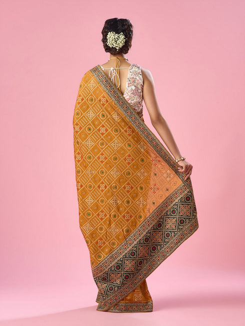 Mohey Mustard Yellow Silk Saree with Stone Work