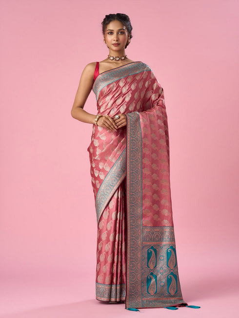 Mohey Pink Silk Banarasi Saree with Stone Work