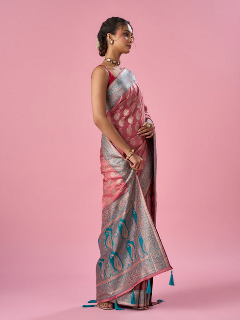 Mohey Pink Silk Banarasi Saree with Stone Work