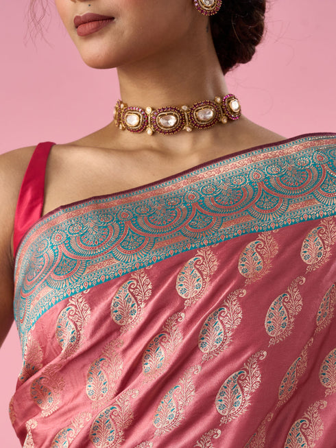 Mohey Pink Silk Banarasi Saree with Stone Work