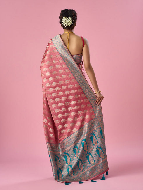 Mohey Pink Silk Banarasi Saree with Stone Work