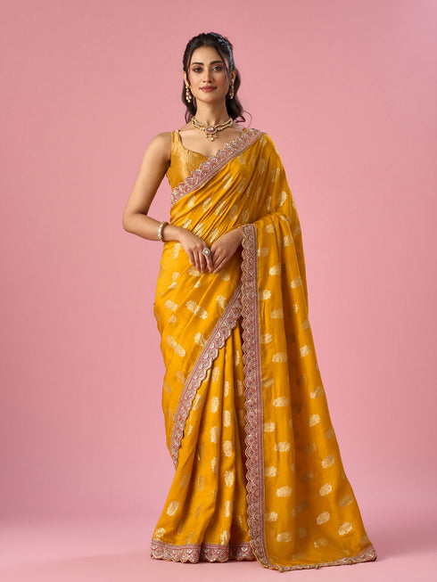 Mohey Mustard Yellow Silk Banarasi Saree with Hand Embroidery