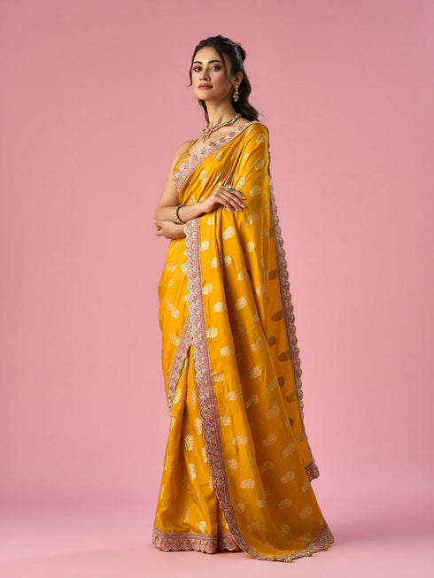 Mohey Mustard Yellow Silk Banarasi Saree with Hand Embroidery