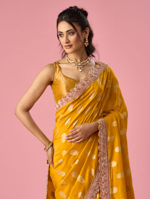 Mohey Mustard Yellow Silk Banarasi Saree with Hand Embroidery