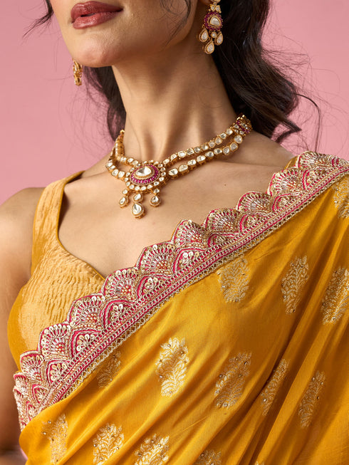 Mohey Mustard Yellow Silk Banarasi Saree with Hand Embroidery